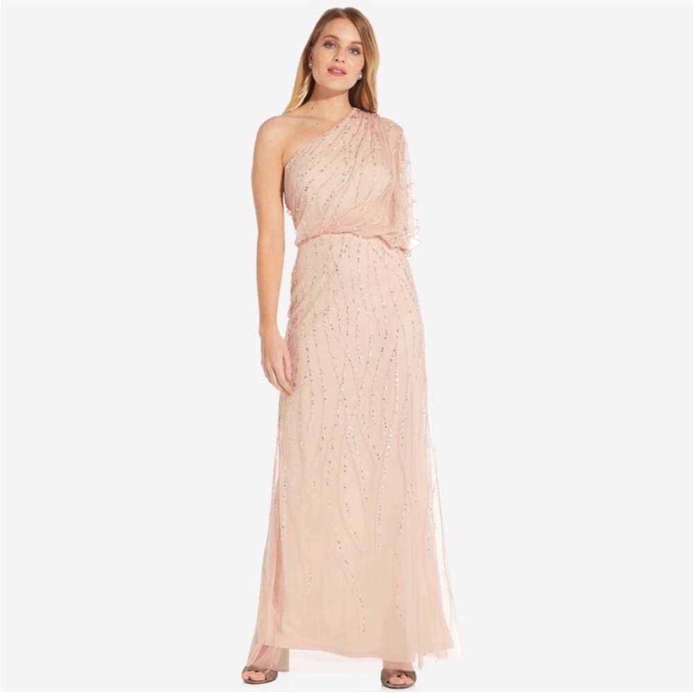 Adrianna Papell Draped One Shoulder Gown in Blush